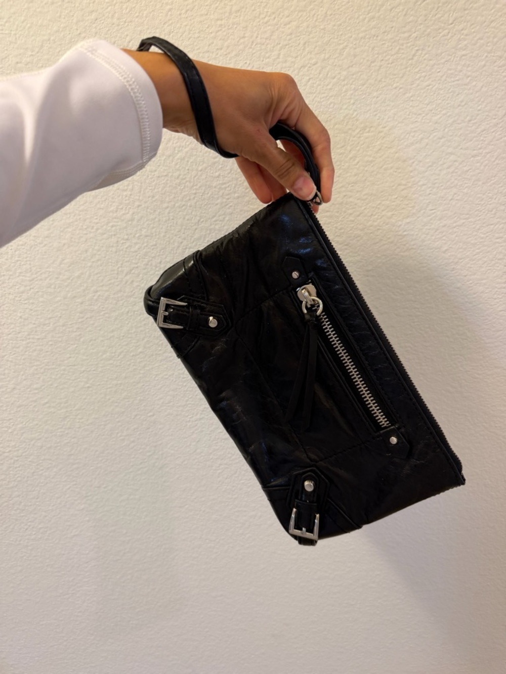 Michael Kors Black Leather Wristlet with Silver Zipper Detail